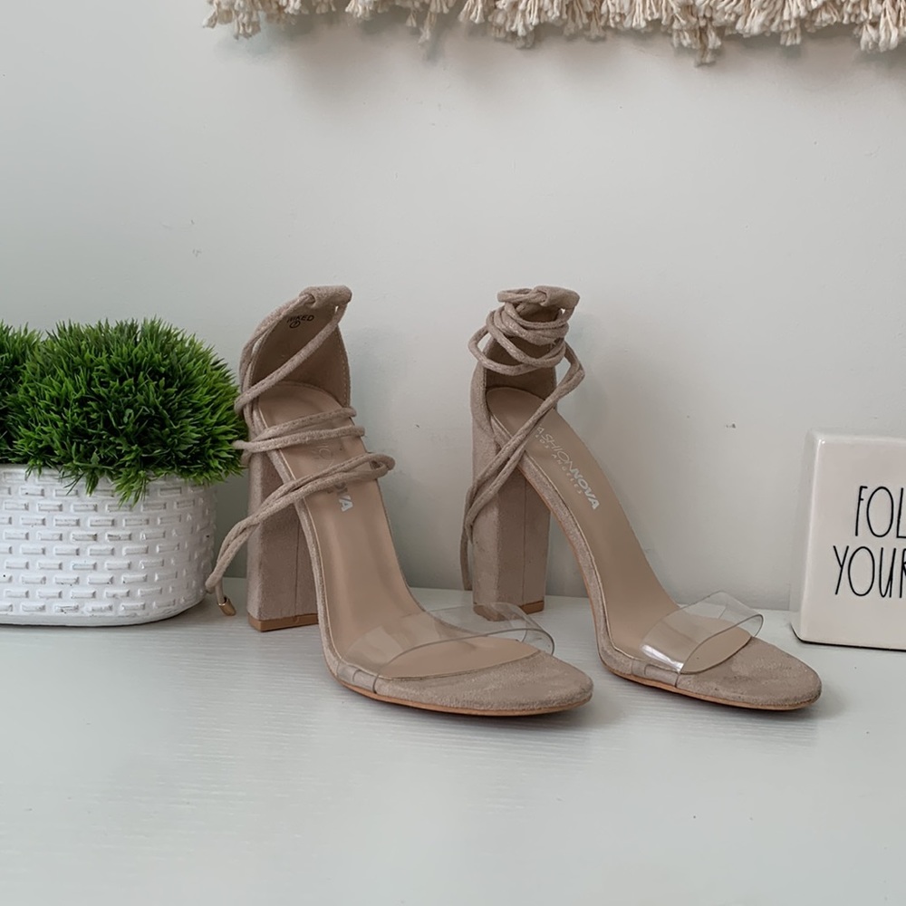 Nude Suede Clear Lace-Up Heels